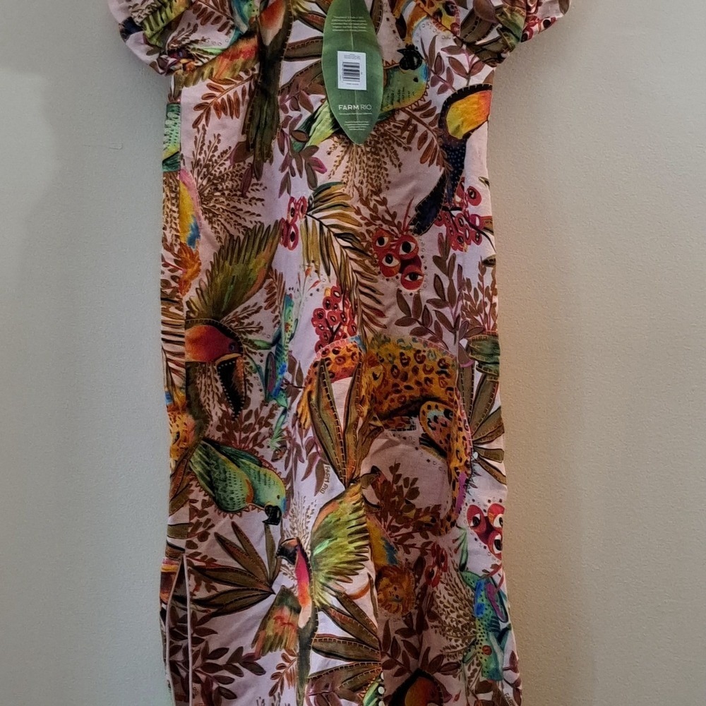Farm Rio Maxi Dress Pink Tropical Bird Leopard Ruffle Sleeve V Neck M - Picture 6 of 14